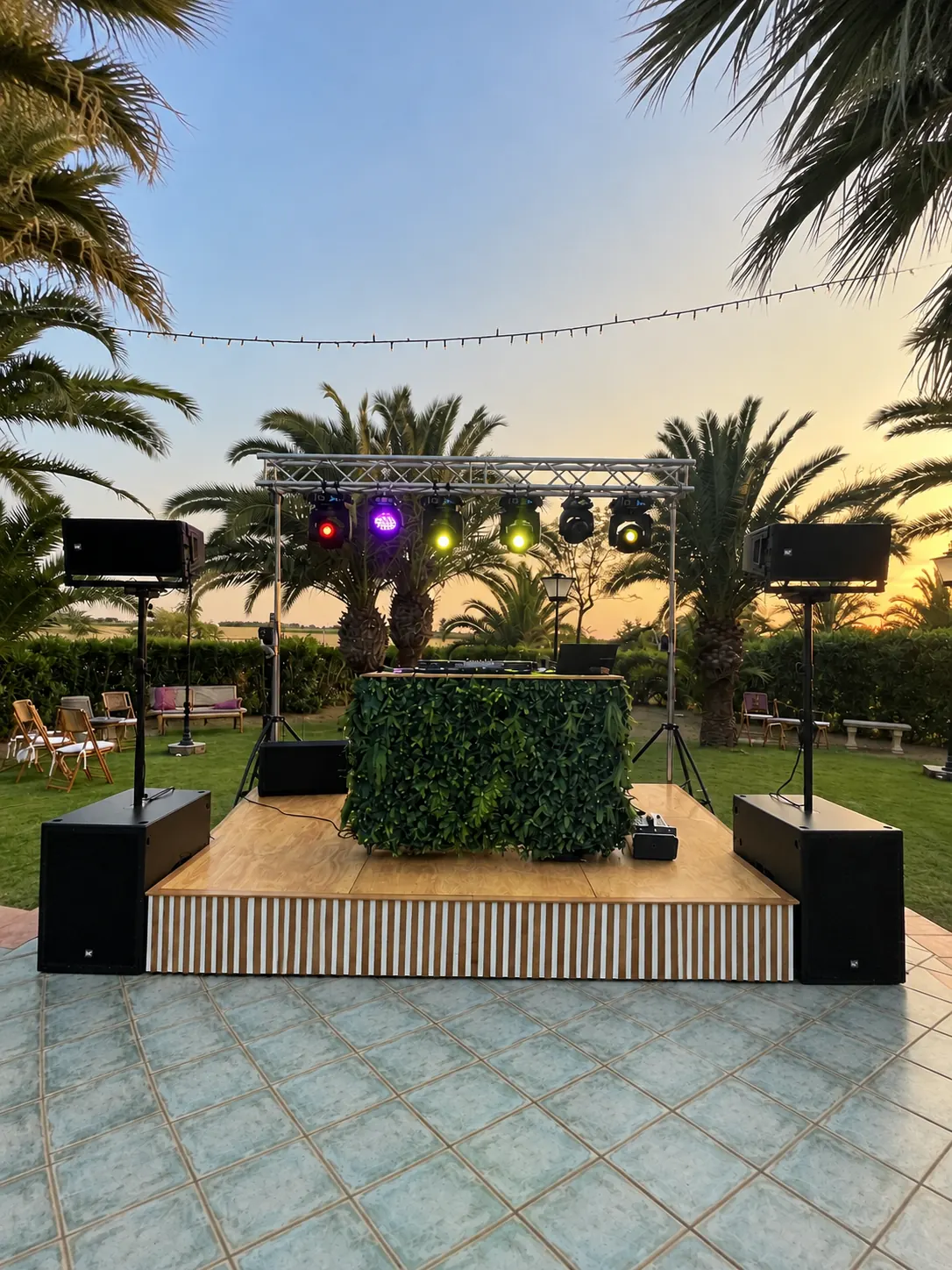 Vista del escenario y la iluminación en el jardín de una hacienda